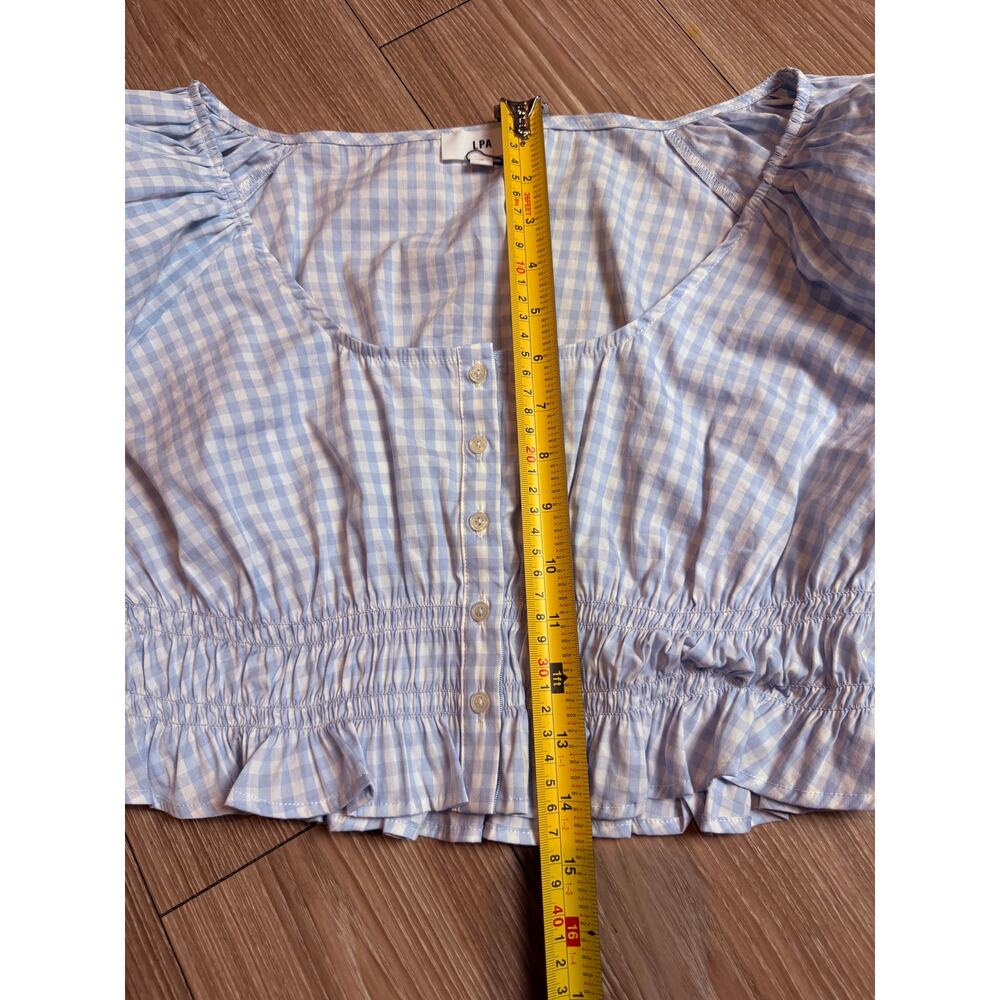 NWOT LPA Brigette Blue Gingham Ruched Puff Sleeve Crop Top Size S - Picture 3 of 6